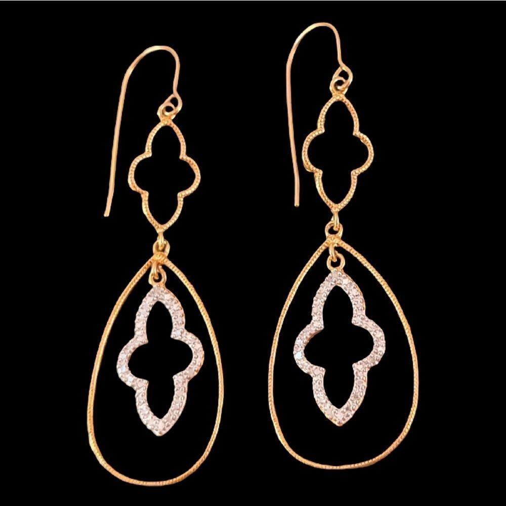 NEW Gold Over Sterling Modern Long Clover Diamond Dangle Wire Earrings